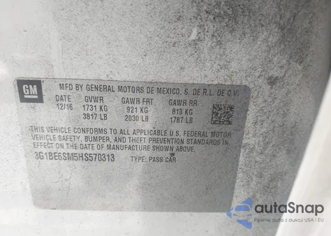 2017 Chevrolet Cruze Lt Auto z USA, uszkodzony, nr VIN 3G1BE6SM5HS570313